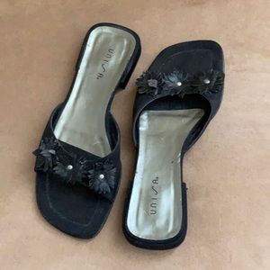 Unisa black slip on with floral trim
